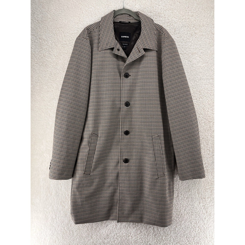 Express Jacket Men's Large Water‎ Resistant Tan Houndstooth Trench Coat